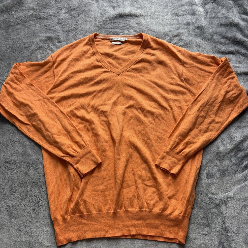 Peter Millar Men's Large Orange V-Neck Cotton Cashmere‎ Blend Sweater